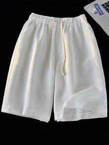 1pc Men's White Contrast Color Drawstring Waist Shorts, Waffle Texture, Breathable Knit Fabric, Comfortable Loose Casual Shorts, Suitable For Daily, Home, And Commute - White - View 3