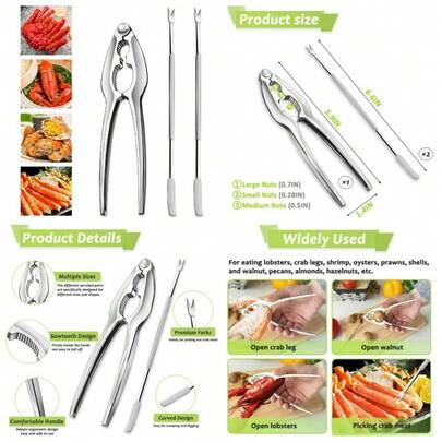 Lobster Cracker And Forks Set Stainless Steel Crab Leg Crackers 2 Shellfish Picks Heavy Duty Nut Seafood Tools For King Crab Legs Claws Shells