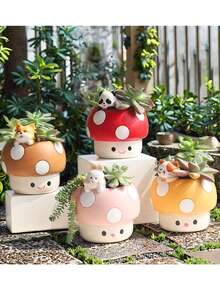 Süßer Pilz-Blumentopf mit Tierfigur, Sukkulenten-Topf für Zimmerpflanzen, Kawaii Raumdekoration für Schreibtisch, Regal, Badezimmer, Büro, Boho Wohnaccessoire, Geschenk für Pflanzenfans, Frauen, Frühlingsgarten Dekoration, ästhetische Schlafzimmer- & Kinderzimmer-Dekoration - A - Übersicht 11