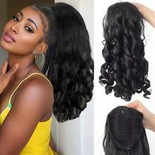 16英寸黑色中长款深波浪耐热合成马尾假发，带抽绳，蓬松卷曲，适合女性日常使用 - 黑色 - 查看 10