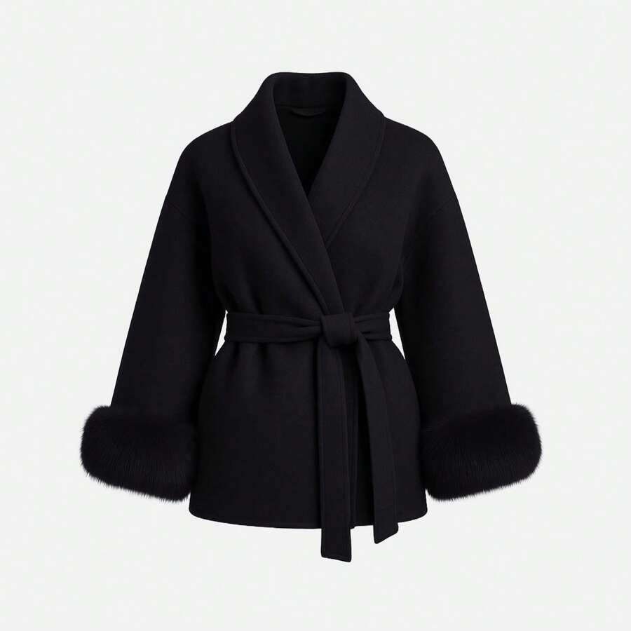 Women's Luxurious Solid Color Waist Tie Fuzzy Cuff Wrap Coat, Plush Thermal Outerwear Jacket For Fall & Winter - 黑色 - 查看 1