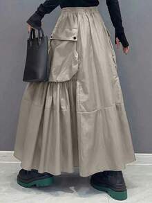 New Arrival High Waist Skirt With Large Pockets, Fashionable Loose Casual Skirt For Women Spring - Apricot - View 4