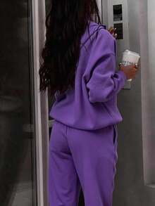 Women's Oversized Half Zip Two-Piece Tracksuit, High Neck Stand Collar Loose Fit Fleece Sweatshirt & Wide Leg Pants Set, Cozy Comfortable Casual Loungewear, Stylish Sports Streetwear Fashion Outfit, Spring Black Essential Versatile Daily Wear, Perfect For Casual Errands, Lounging & Everyday Outdoor Activities      Gym Clothes Women Set - 紫色(升級款) - 查看 6