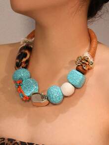 1pc Bohemian Style Necklace With Blue-Green Crackle Beads & Leopard Print Decor, Brown Braided Rope Necklace, Suitable For Women's Daily Wear - Multicolor - View 5