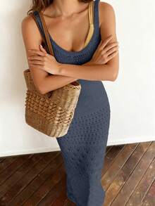 Đầm tank dệt kim không tay khoét lỗ thoải mái cho nữ, đầm đi biển dệt kim khoét lỗ mùa hè, đầm che phủ cổ chữ V phong cách bohemian cho nữ đi nghỉ mát, mùa xuân/hè/thu. - Màu xanh hải quân - Xem 4