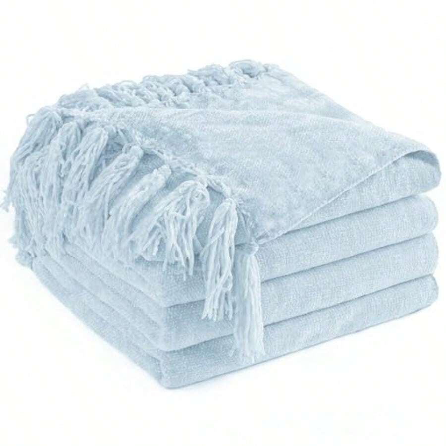 Manta de chenilla para sofá de 60 x 80 pulgadas manta suave y acogedora con flecos para cama sofá y silla mantas bohemias decorativas de punto ligero para sala de estar azul claro - Azul claro - Ver 1