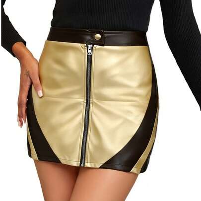 Women's Sexy PU Leather Patchwork Zipper Skirt, Suitable For Evening Date, Beach, Spring/Summer