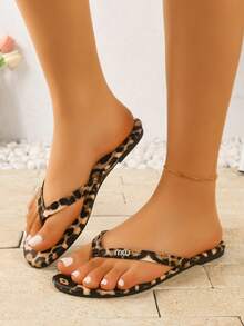 1 Pair Elegant Solid Color Fashion Slip-On Beach Flip Flops, Casual Indoor/Outdoor Summer Wear - Leopard - View 5
