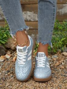 Sepatu Sneakers Patchwork Motif Leopard Wanita, Sepatu Olahraga Ringan dan Bernapas dengan Sol Karet Lembut dan Tahan Lama - Biru - View 3