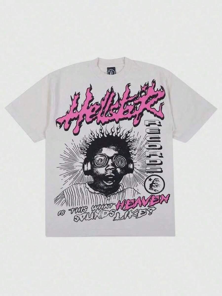 T Shirt Print ,Graphic-Cotton Tees Size Plus, Cartoon Round Neck Short Sleeve, Hellstars Is This What Heaven Sounds Like? Y2K Graphic T-Shirt,220g 100% Cotton,Round Neck Short Sleeve,Cream Streetwear Essential,Unisex Style,Y2K,Oversized Shirt Men,With Shirt,Summer Tops,Shirt Suitable - White - View 1