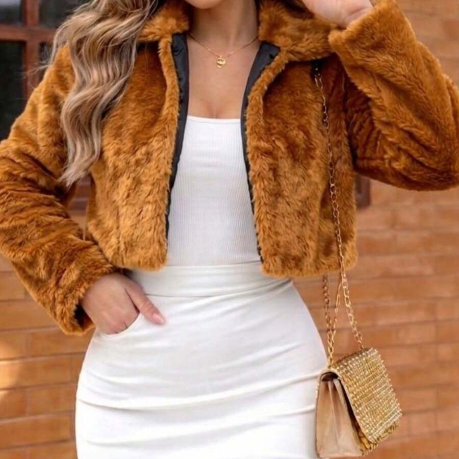 Luxury Women's Fleece-Lined Cropped Jacket – Elegance, Style, And Sophistication For Winter - 鏽棕色 - 查看 1