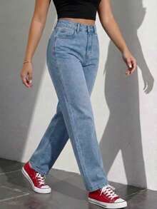 Pantalón Mujer Casual Straight Leg Washed Ripped Raw Hem Tela rígida Bolsillos Button Zipper Corte Recto Sin Estampado, atemporal uso  Diario - azul claro s/d - Ver 5