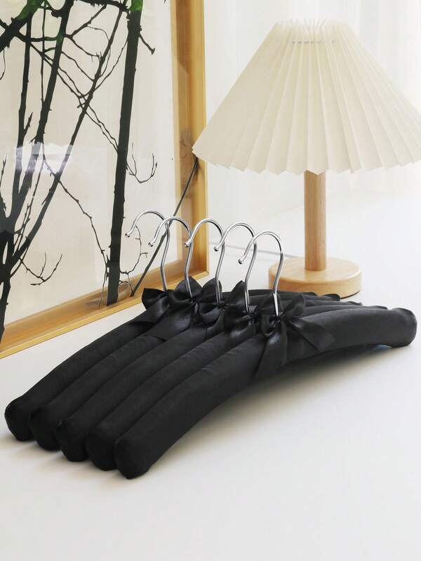 5pcs Satin Padded Hangers, Silk-Wrapped, Silver Hooks, Foam Padded, Clothing Store Display Hangers, Wedding Coat Hangers, Groom & Bride Hangers, Wooden Lining, Bow Decor, Home Hangers, Black