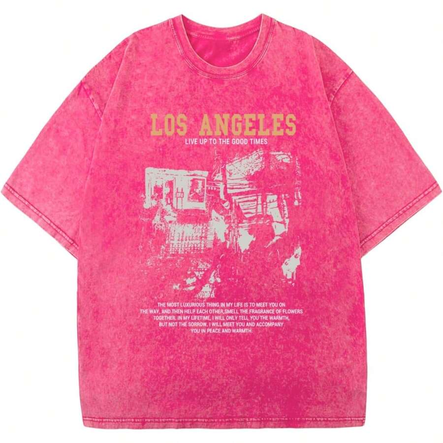 Oversized Graphic Tshirts For Men Acid Wash Los Angeles Vintage Tees Streetwear Baggy Cotton Shirts Casual Topssummer Outfits For Women - 粉色 - 查看 1
