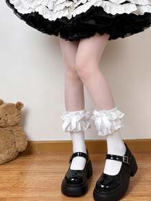 1 Pair White Sweet Lolita Ankle Socks With Double Lace Ruffle & Bowknot, Soft Cotton High Stretch, Frilly Princess Girly Style, Perfect For Lolita Fashion Cosplay Tea Party Daily Outfits - Multicolor - View 5