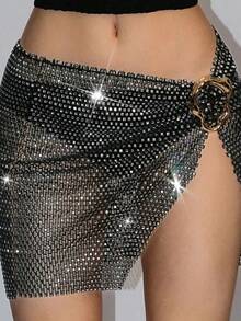 Shimmering Rhinestone Mini Skirt For Women, Dazzling Rhinestone Skirt For Women, Charming Rhinestone Chainmail Skirt For Women, Women's Skirts, Black Skirts, Women's Summer Clothing, Women's Vacation Wear, Summer Women's Fashion, Fashionable Women's Mini Skirts, Tankini Swimwear, Casual Summer Style, Fishnet And Rhinestone Mini Skirts, Suitable For Vacations, Gatherings, Parties, Daily Commuting, Graduation Ceremonies, Gifts For Girlfriends, And Mother's Day Gifts. - 黑色 - 查看 3