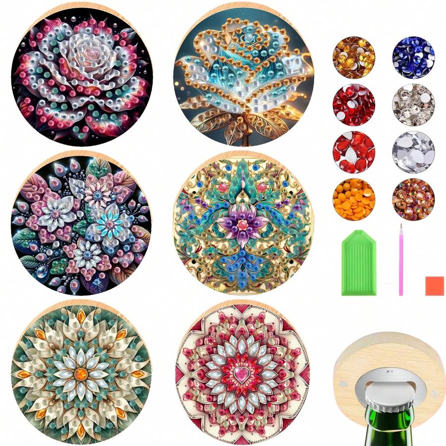 1件套钻石画艺术开瓶器套装，玫瑰曼陀罗图案，木质材料，异形水晶人造钻石马赛克工艺品，适用于冰箱，趣味厨房餐具配件，理想礼物，适合作为婚礼宾客的艺术工艺品礼物，派对纪念品
