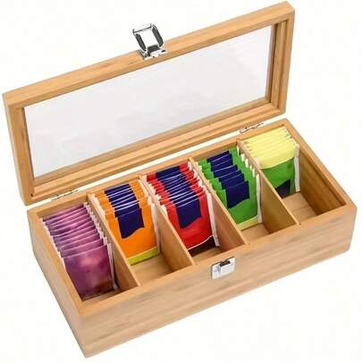 1 paquete Organizador de almacenamiento de bolsitas de té de bambú con tapa de acrílico transparente, caja de almacenamiento multicompartimento para té, café y suministros de oficina, acabado de madera natural, exhibición de té colorida, ideal para cocina, oficina, estantes y encimera