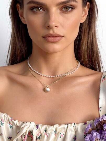 1 pieza Collar con colgante de perla, cadena elegante de suéter en capas, collar de lujo para la clavícula para mujeres