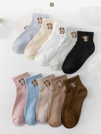 1/5/10 Pairs Cartoon Cow Print Short Socks, Festive, Artistic Girl Style