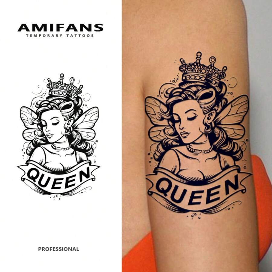 Hình xăm tạm thời AMIFANS Nữ hoàng Tiên, Hình xăm bán vĩnh viễn, Hình xăm giữ được 1-2 tuần, Hình xăm lâu trôi, Hình xăm nước ép, Hình xăm chân thực, Hình xăm lãng mạn, Hình xăm giả, Chống thấm nước, Hình xăm trông giống thật, Hình xăm thiết kế độc đáo, Hình xăm trái cây, Hình xăm từ thực vật - màu đen - Xem 1
