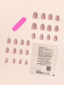 24片短款椭圆形按压式美甲贴片，月光粉白渐变色，附赠果冻胶和指甲锉 - 彩色 - 查看 2