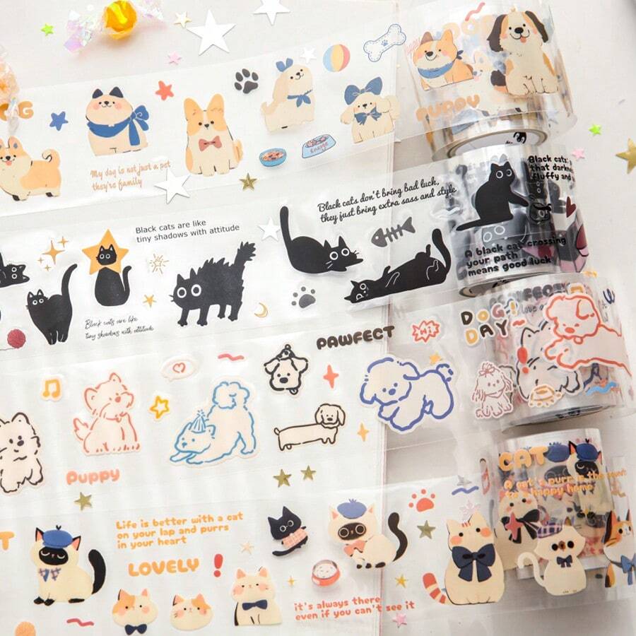 50 mm*2 m Ensemble de ruban adhésif PET imperméable esthétique et mignon avec motifs de chats et de chiens, phrases anglaises décoratives adorables. Fournitures pour le scrapbooking et l'emballage cadeau