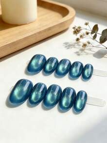 10片/套 手工制作可佩戴美甲贴，冰湖蓝猫眼假指甲，美白可卸按压式美甲贴纸，女士适用 - 彩色 - 查看 9