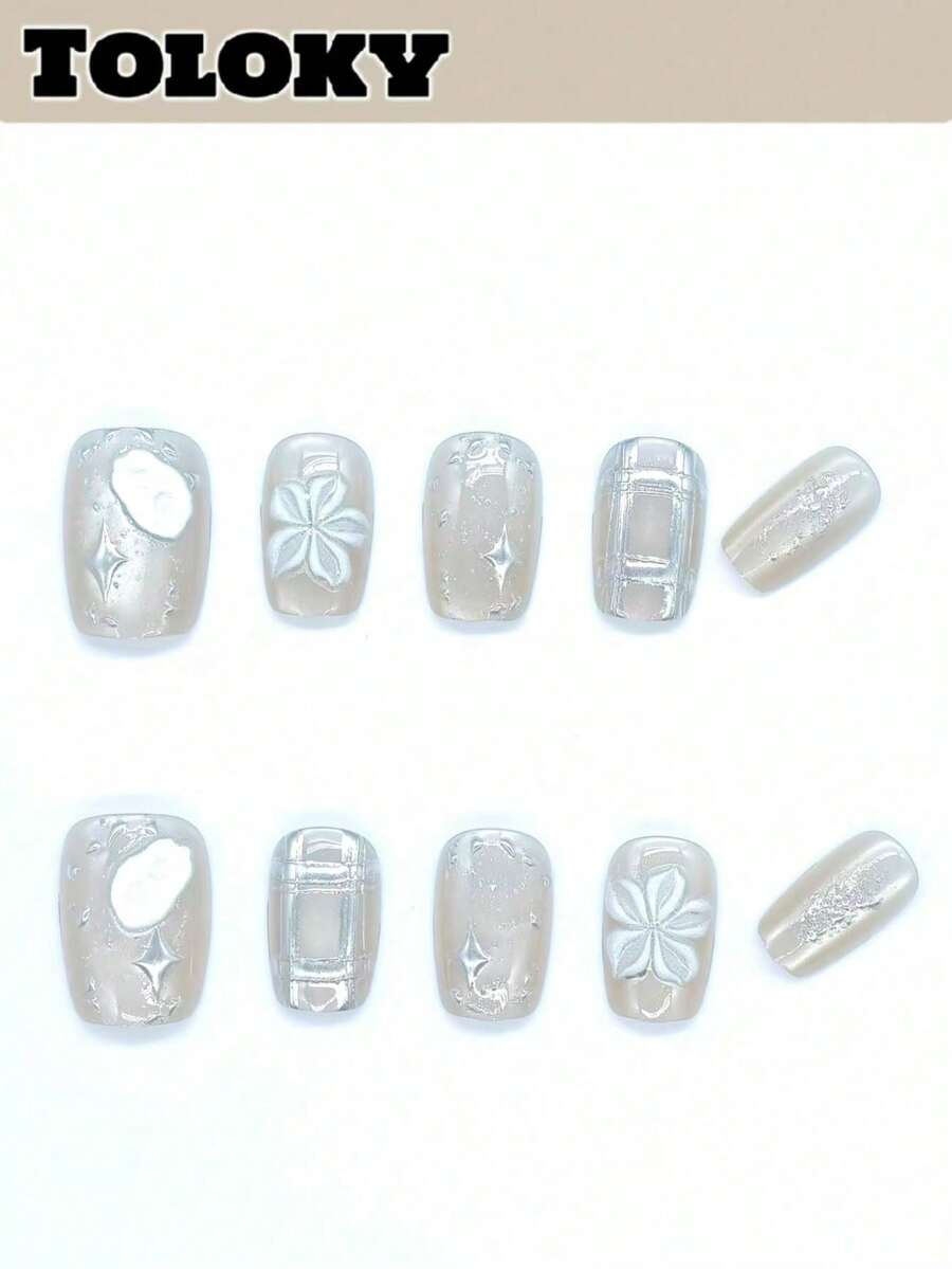 10片高品质方形短款金色美甲贴片，配3件美甲工具、美甲胶水及其他美甲用品，适合女性和女孩参加派对、旅行、日常佩戴和上学等场合。 - 彩色 - 查看 1