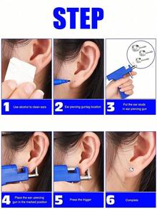 1 Set 98pcs Reusable Ear, Body, Nose, Navel, Lip, Tongue Piercing Gun Machine Supplies Toolkit, Includes Earrings, Professional Sterile Piercing Tools - 藍色 - 查看 5