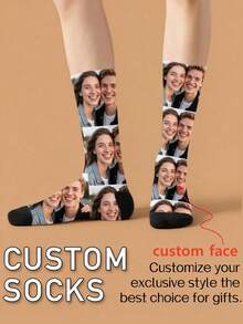 1 Pair Customized Face Socks, Personalized Photo Couple Mid-Calf Socks, Unique Custom Anniversary, Valentine's Day, Birthday, Holiday Gift - White - View 1