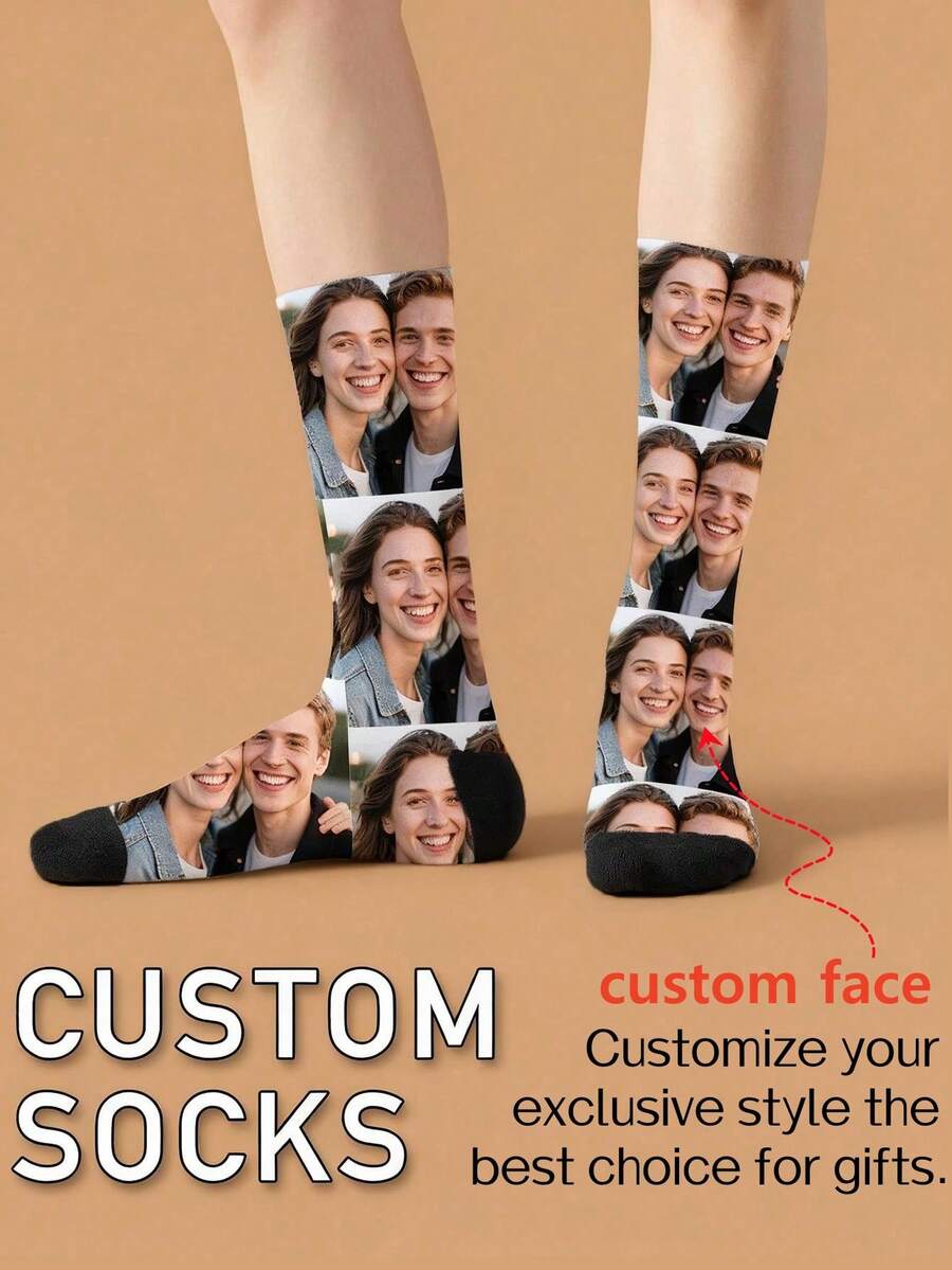 1 Pair Customized Face Socks, Personalized Photo Couple Mid-Calf Socks, Unique Custom Anniversary, Valentine's Day, Birthday, Holiday Gift - White - View 1