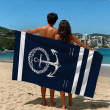 Large Navy Blue Anchor Print Beach Towel - Quick Dry, Sand Proof, Super Soft & Absorbent, Modern Rectangular Design, Suitable For Pool, Vacation, Camping, Poolside Accessories, Smooth Pattern Quick Dry Fabric, Beach Mat - 1 - View 1