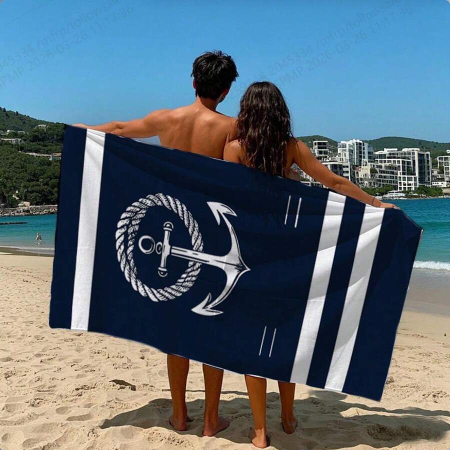 Large Navy Blue Anchor Print Beach Towel - Quick Dry, Sand Proof, Super Soft & Absorbent, Modern Rectangular Design, Suitable For Pool, Vacation, Camping, Poolside Accessories, Smooth Pattern Quick Dry Fabric, Beach Mat - 1 - View 1