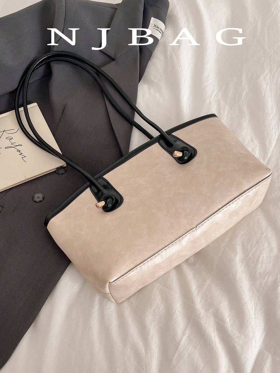 1个绗缝拉链PU纯色保龄球包，大容量手提包，新款时尚质感单肩包，复古风腋下通勤包，适合女性日常使用，学生书包