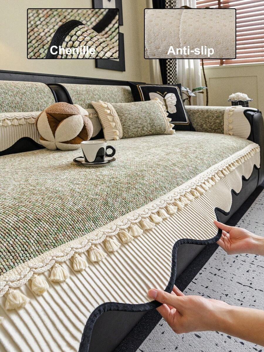 1pc Soft Plush Sofa Cover, Minimalist Solid Color 3D Design, Pet-Friendly Anti-Dirty & Scratch, Suitable For All Seasons Including Christmas & New Year, Machine Washable, Fits 1/2/3/4 Seater Sofa - Green - View 1