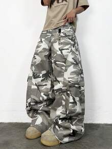1 pieza Pantalones cargo de camuflaje vintage de marca estadounidense para hombres, pantalones anchos cómodos y holgados con múltiples bolsillos (cinturón y accesorios no incluidos) - Beis - Ver 1