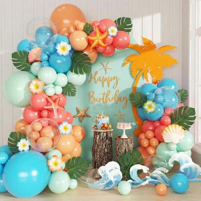 127pcs Tropical-Themed Balloon Arch Set, Includes Blue, Orange, Red, Green, And Clear Latex Balloons. Perfect For Birthday Parties, Baby Showers, Outdoor Parties, And Tropical Hawaiian-Themed Party Decorations.