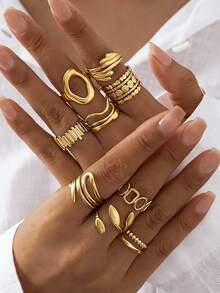 4 pezzi/5 pezzi Set di anelli in acciaio inossidabile placcato oro 18K con linee geometriche minimaliste ed eleganti e motivi a foglia ovale, adatti per uso quotidiano, festival, feste, shopping, appuntamenti, regalo di gioielli chic per le donne - Multicolore - Visualizzare 1