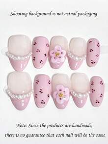 10片装日常法式ins风可爱甜美Y2K手绘粉色豹纹3D立体五瓣小花珍珠金珠短杏仁形可佩戴美甲贴纸，优雅艺术美甲按压式美甲贴片 - 粉色 - 查看 2