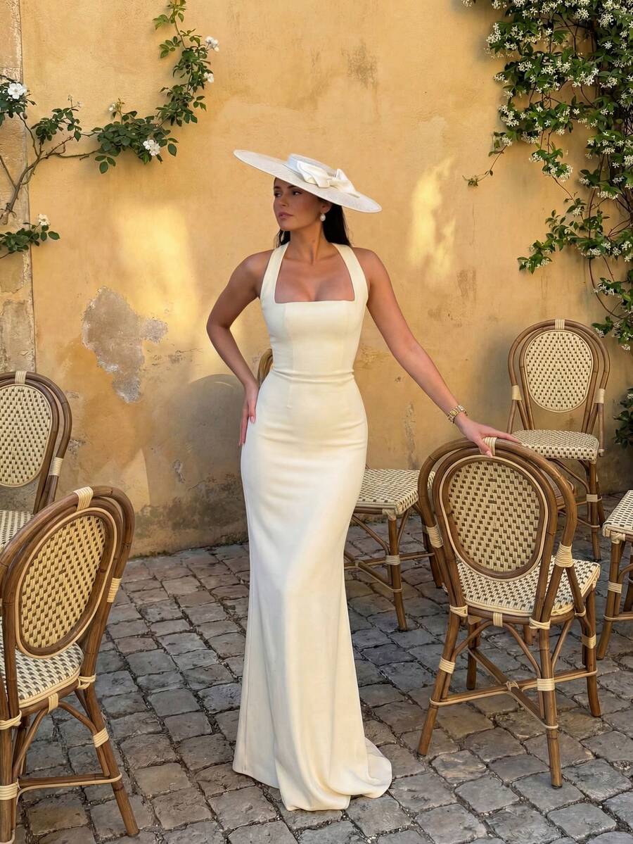 Glamful Solid Color Elegant French Style Graceful Halter Flowy Maxi Dress, Suitable For Vacation, Resort, Dating, Wedding, Wedding Party, Wedding Guest - White - View 1