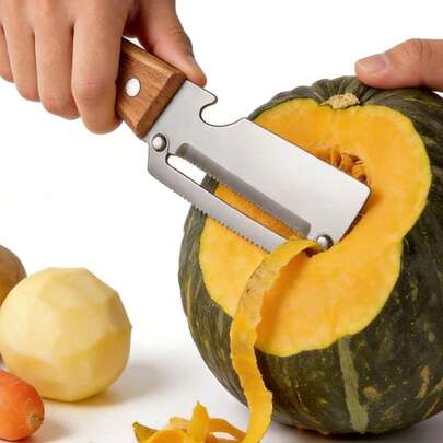 1/2/3件套多功能二合一削皮器，加厚不锈钢水果削皮刀，二合一多功能蔬菜削皮器带开瓶器，木柄不锈钢刀片厨房工具，适用于甘蔗、土豆、水果、菠萝、南瓜、胡萝卜、蔬菜等。