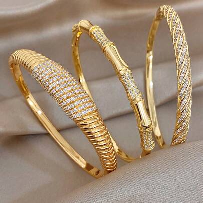 18K Gold-Plated Full Paved Crystal Copper Bracelet Set, Gold Bracelets, Copper Bracelets, Gold-Plated Jewelry, Ideal For Daily Wear, Birthdays, Dating, Parties, Easter, Carnival, Valentine's Day Gifts, Summer Jewelry, Boho Jewelry, Mother's Day Gifts