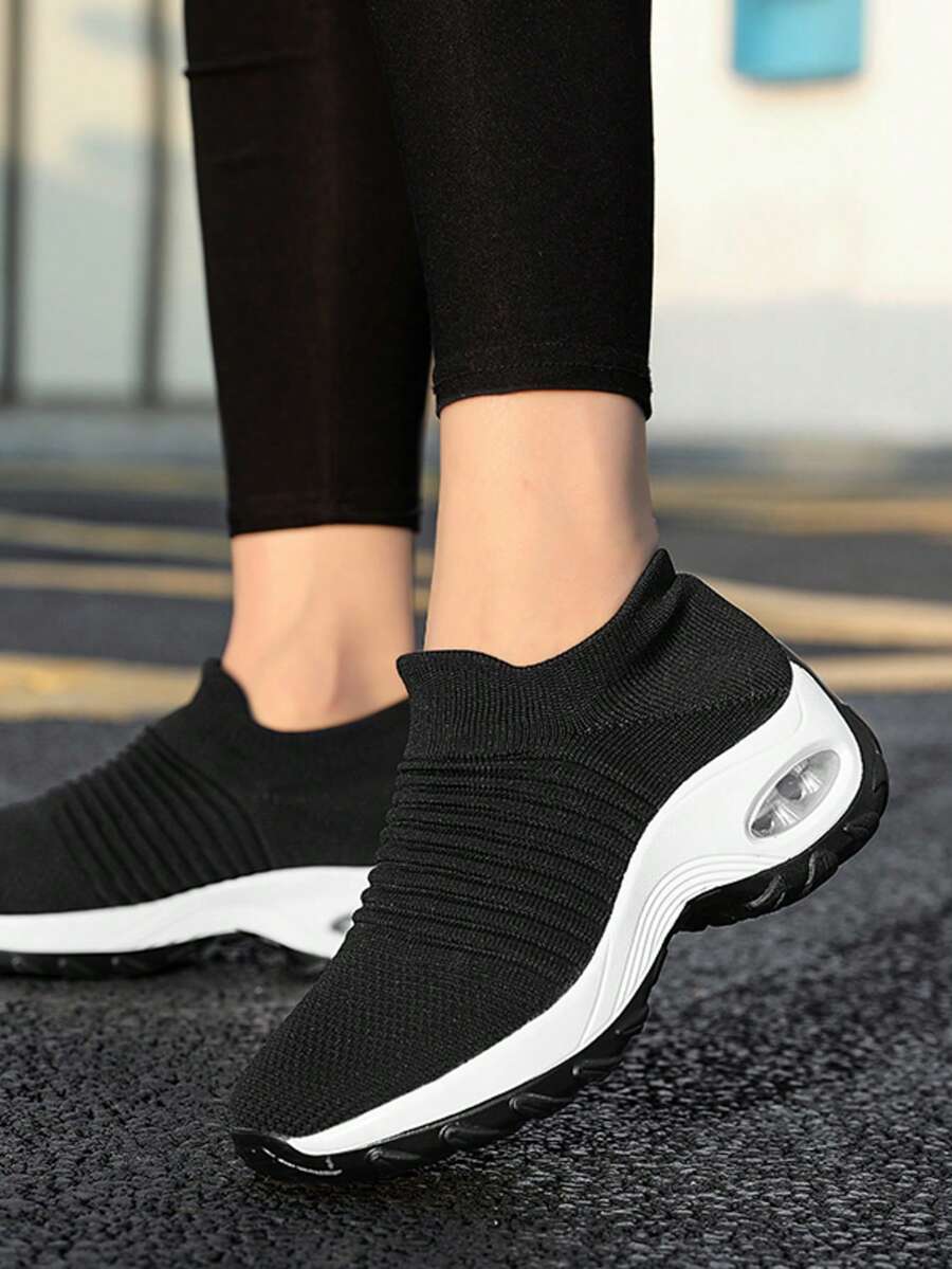 Women's All-Season Sports Anti-Slip Shock-Absorbing Running Casual Shoes, Knitted Mary Jane, Plus Size, Suitable For Business Driving - Black and White - View 1