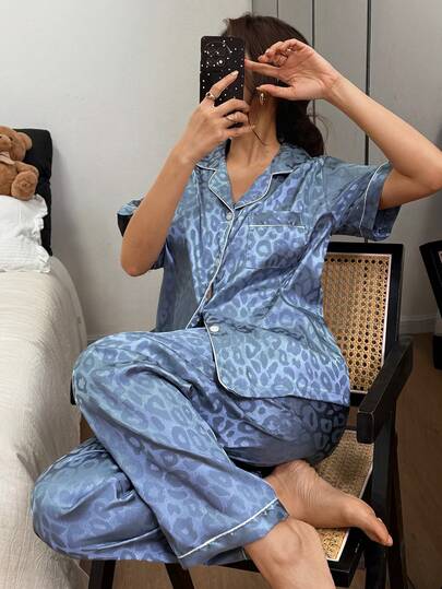 Dreamivo 2pcs Leopard Print Short Sleeve Pajama Set, Includes Short & Long Pants, High-Quality Women Sleepwear & Loungewear