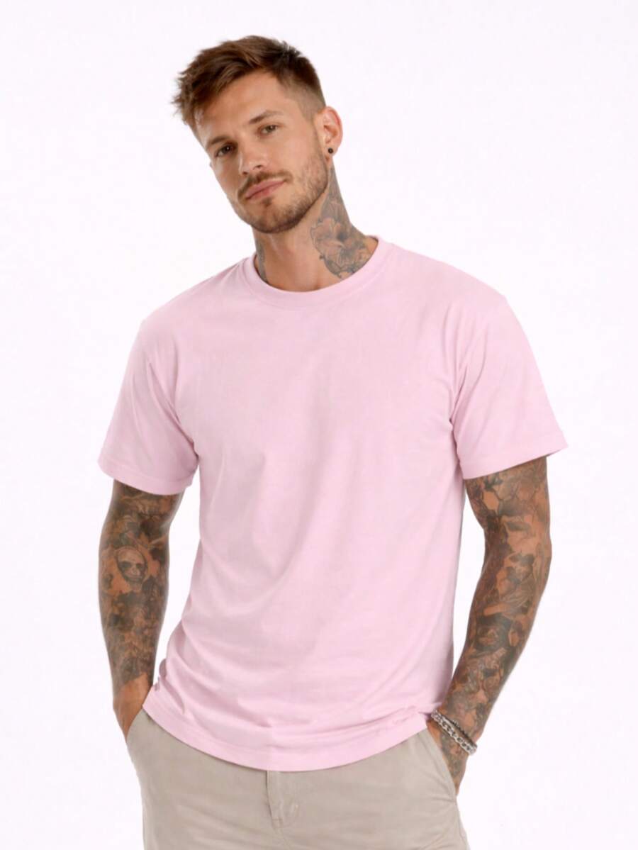 Men's Basic Casual Plain T-Shirt In Premium Combed Cotton, Sizes S To XL - 淺粉色 - 查看 1