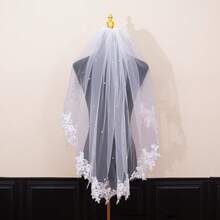 1pc Long Lace Edge Bridal Veil With Faux Pearl Decor, Wedding Hair Accessory - Multicolor - View 13