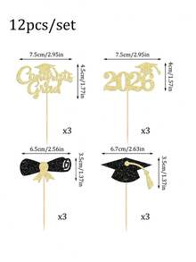 12pcs Congrats Grad 2026 Cake Toppers - Graduation Diploma & Cap Cake Decorations For High School, College 2026 Graduation Party - Gold - View 2