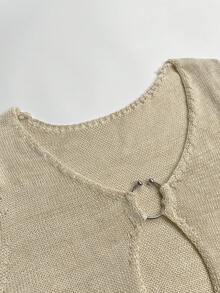 女士夏季新款休闲修身性感V领喇叭袖金属环套头连衣裙，波西米亚风格，适合海滩、沙滩派对、音乐节、郊游、度假、约会等场合。 - 杏色 - 查看 5