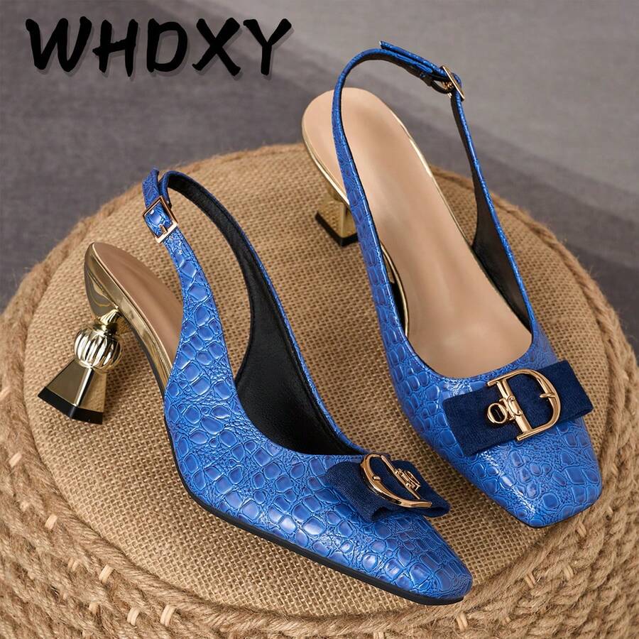 WHDXY 7cm Asymmetric Heel Open-Back High Heels For Women, Square Toe, Metal Buckle Decor, Elegant Dress Shoes Suitable For Commuting, Work, Dates And Parties - Blue - View 1